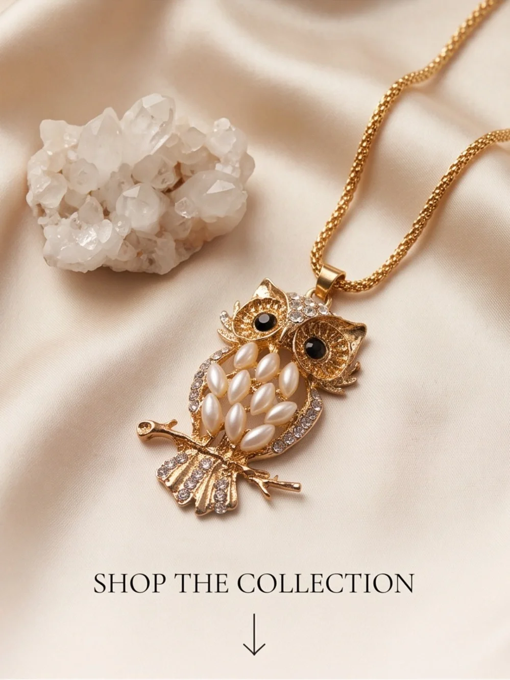 Gold-Tone Owl Pendant Necklace with Faux Pearls and Rhinestones NEW